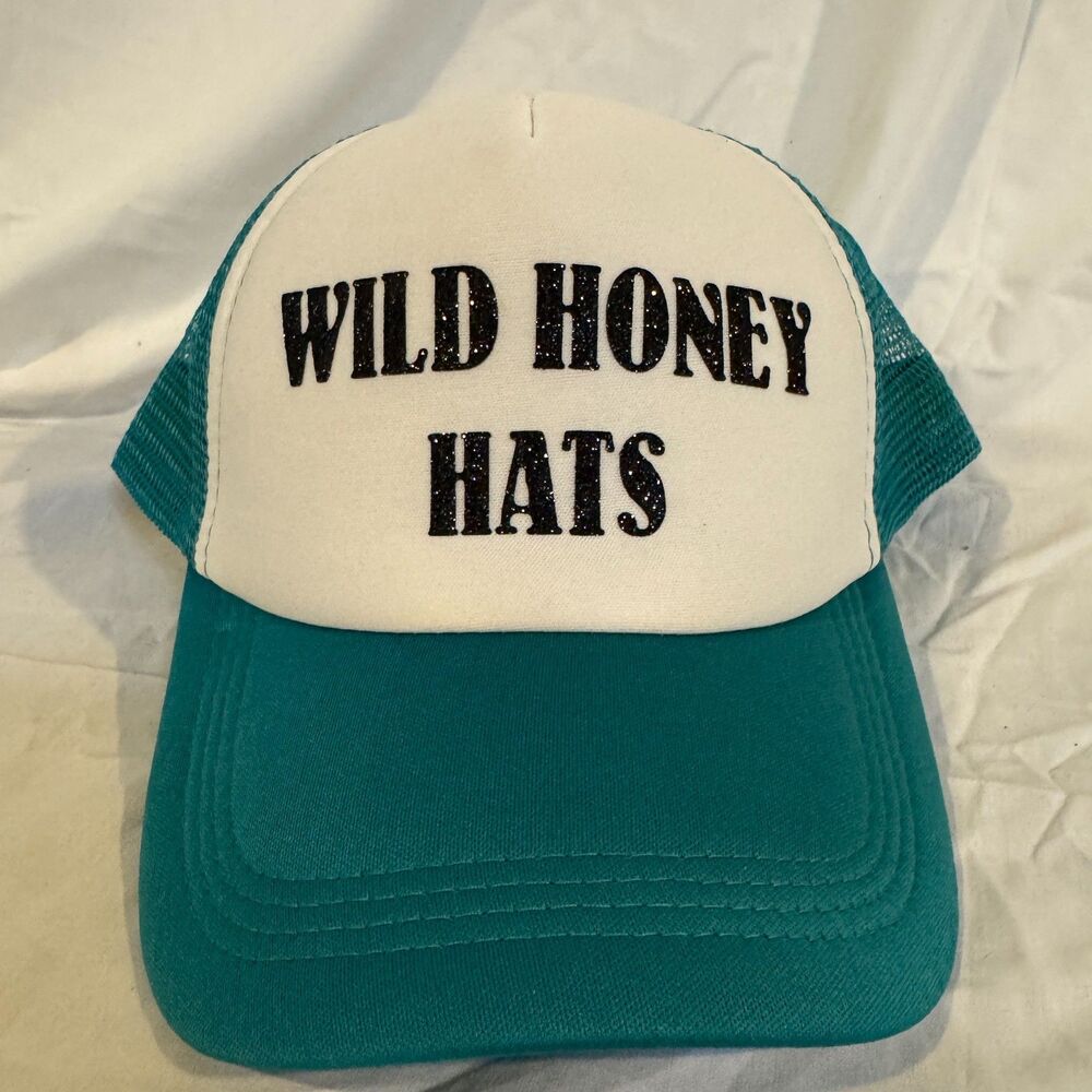 Wild Honey Hats Foam Trucker Hat Teal Blue White Mesh Back Snapback Cap Glitter